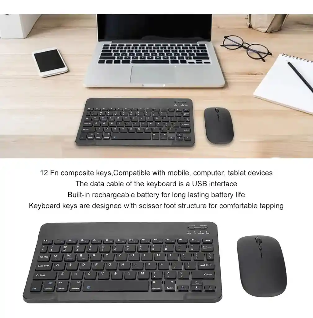 Set 3 En 1 Teclado Bluetooth Compacto Con Mouse + Base Celular