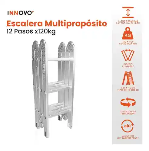 Escalera Todo En 1 Multifunción 12 Pasos Ajustable Innovo Resiste 150 Kilos Multifuncional