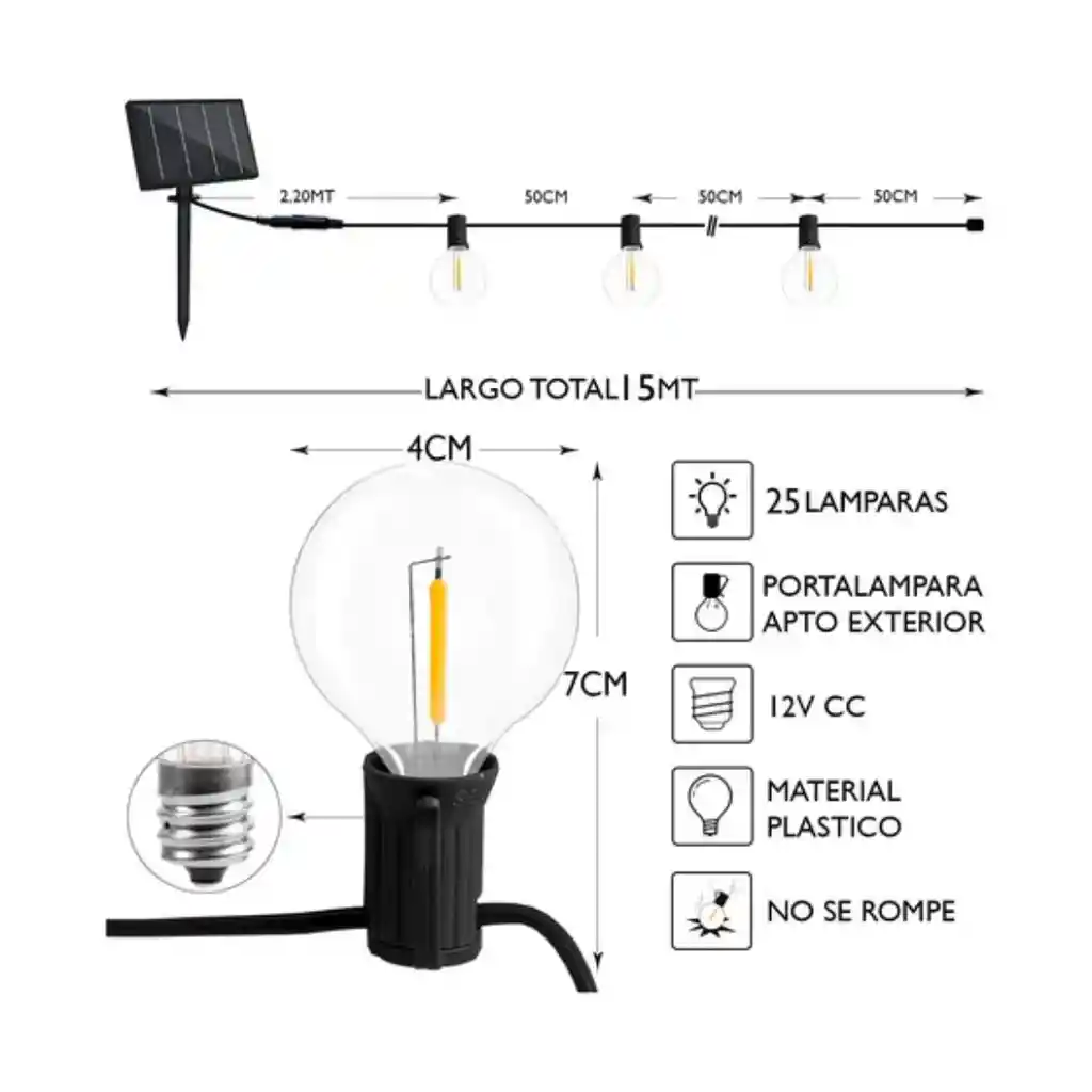 Guirnalda De Luces Led Exterior + Panel Solar