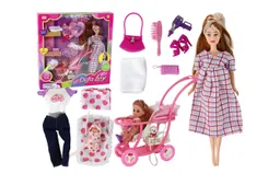 Muñeca Defa Lucy Embarazada + Niña + Bebe Coche Y Accesorios