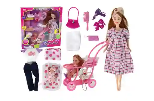 Muñeca Defa Lucy Embarazada + Niña + Bebe Coche Y Accesorios