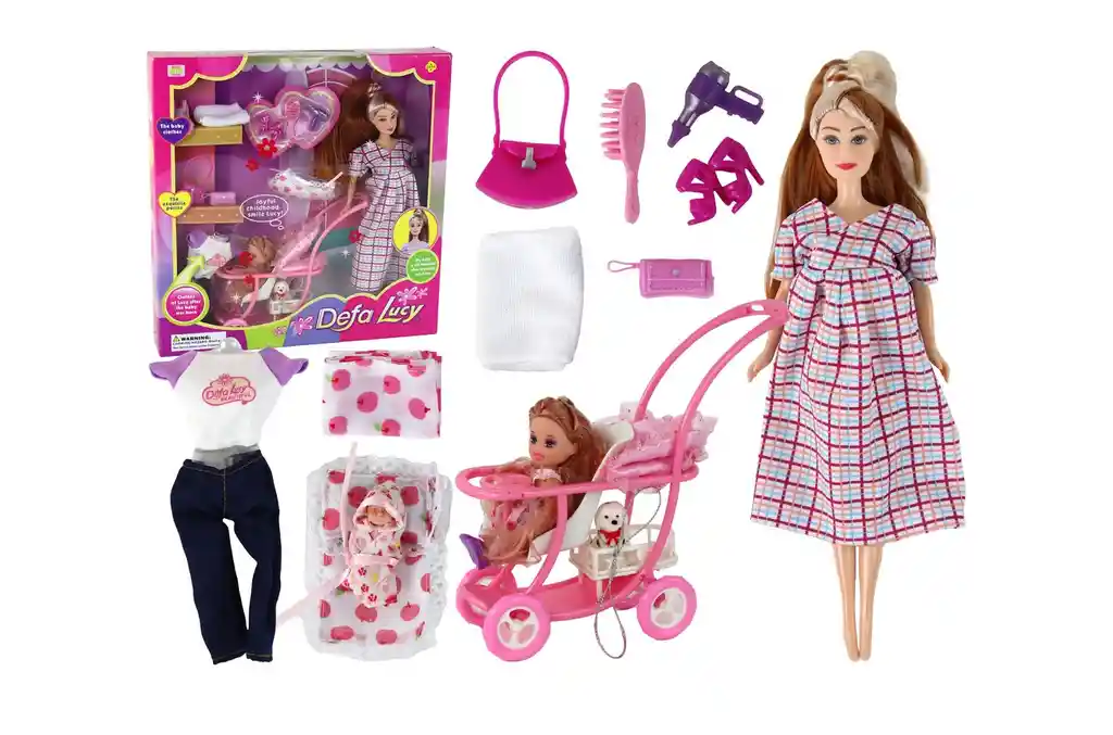 Muñeca Defa Lucy Embarazada + Niña + Bebe Coche Y Accesorios