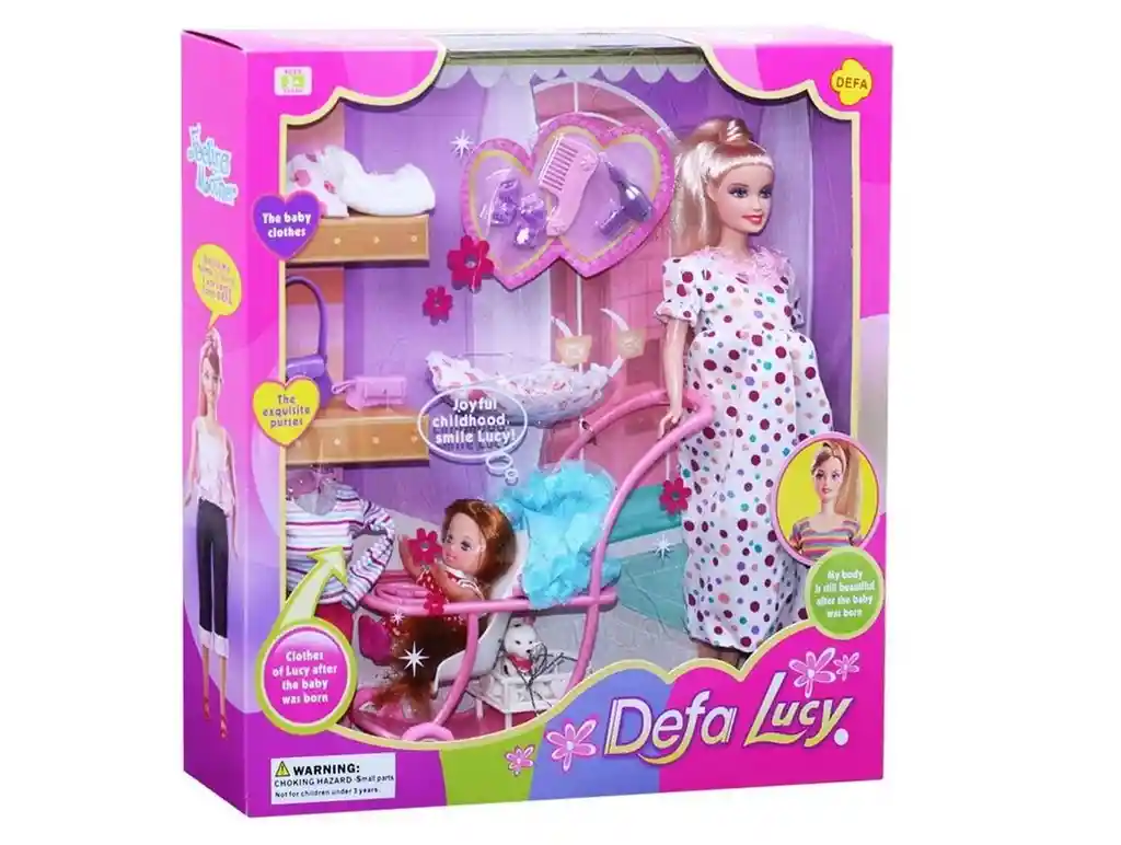 Muñeca Defa Lucy Embarazada + Niña + Bebe Coche Y Accesorios