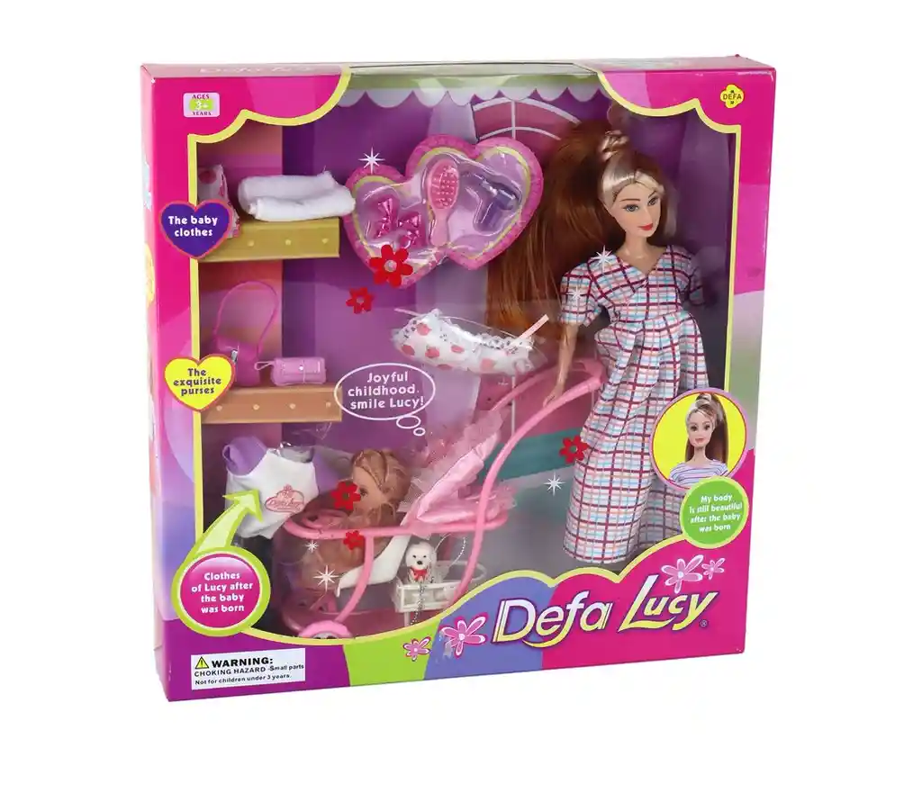 Muñeca Defa Lucy Embarazada + Niña + Bebe Coche Y Accesorios