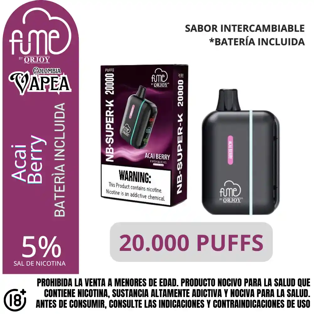 Dispositivo Pod Fume Acai Berry 20000 Puffs 5%