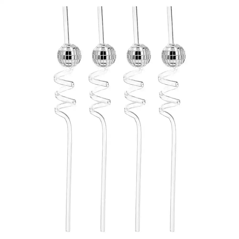 Pitillo Espiral Bola Disco Plateado X 4 Und
