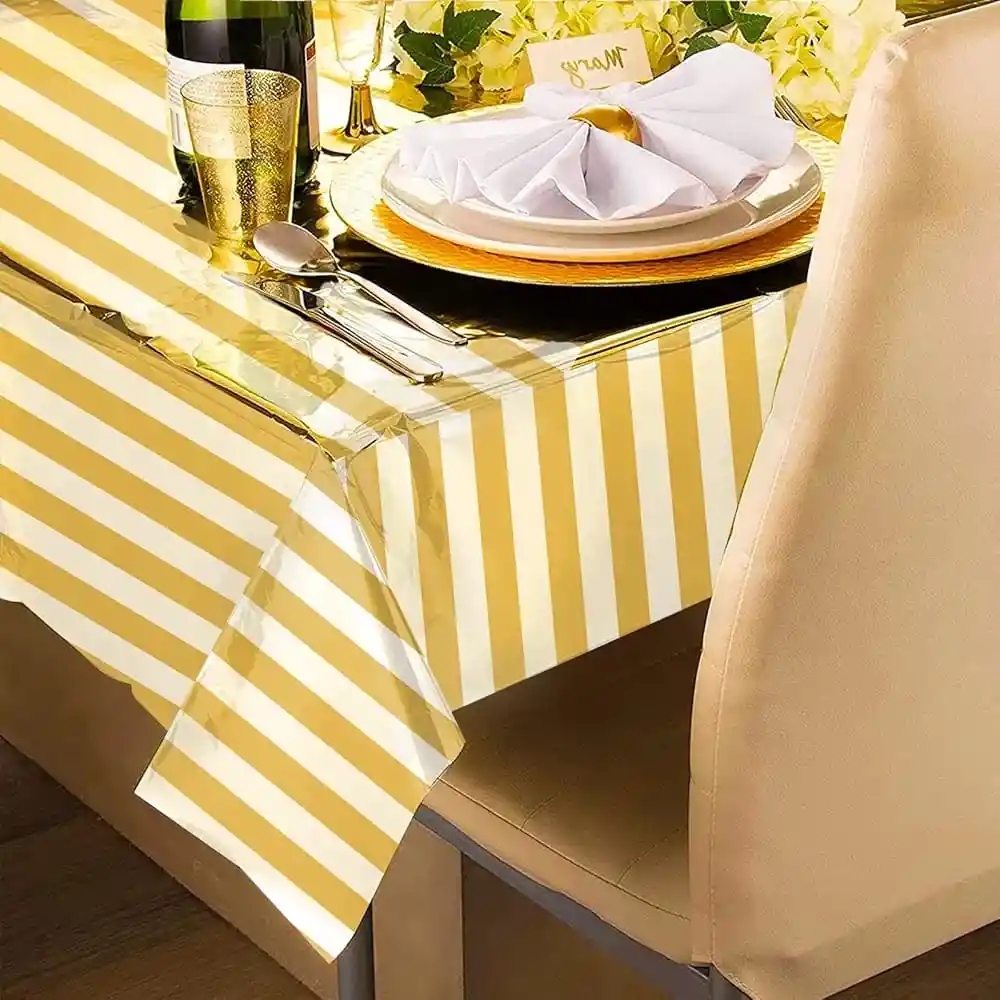 Mantel En Papel Aluminio Líneas Doradas Con Blanco Fiestas Y Decoración