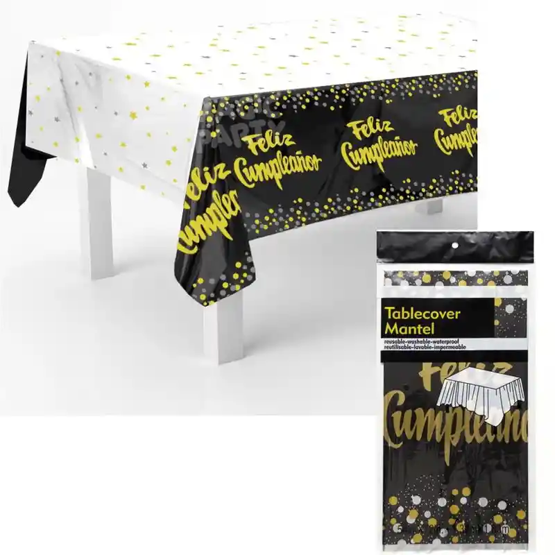Mantel En Papel Aluminio Negro Feliz Cumpleaños Dorado Rectangular