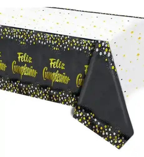 Mantel En Papel Aluminio Negro Feliz Cumpleaños Dorado Rectangular
