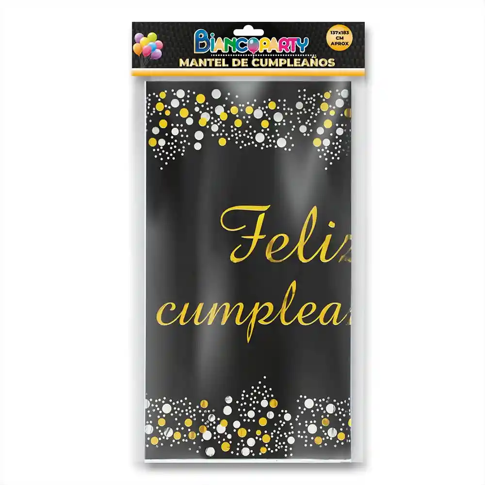 Mantel En Papel Aluminio Negro Feliz Cumpleaños Dorado Rectangular