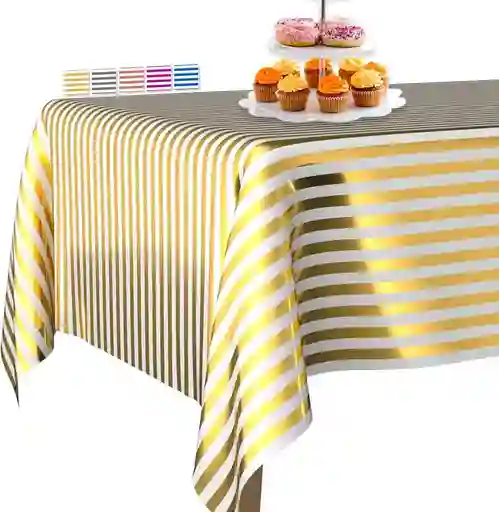 Mantel En Papel Aluminio Líneas Doradas Con Blanco Fiestas Y Decoración