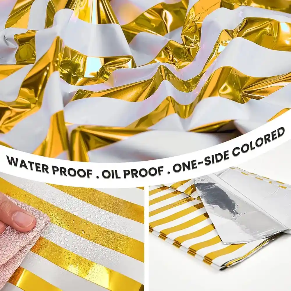 Mantel En Papel Aluminio Líneas Doradas Con Blanco Fiestas Y Decoración