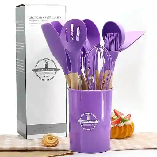 Set De Utensilios Para Cocina En Silicona Con Mango De Madera 12 Piezas