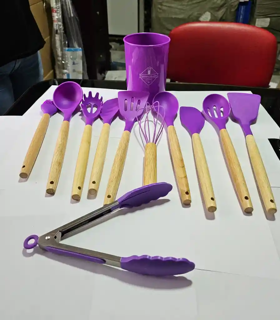 Set De Utensilios Para Cocina En Silicona Con Mango De Madera 12 Piezas