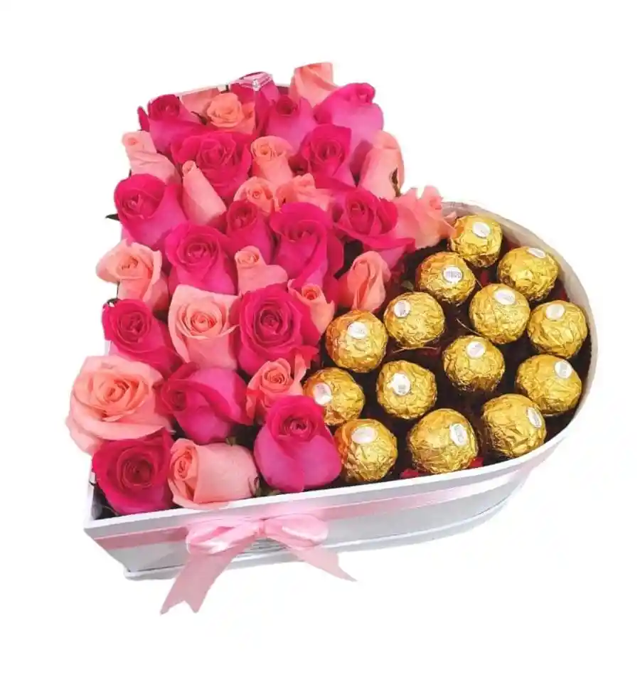 Corazón Blanco De 24 Rosas De Colores 16 Chocolates