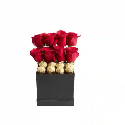Arreglo Rosas Rojas Y Ferrero Rocher En Caja Cuadrada