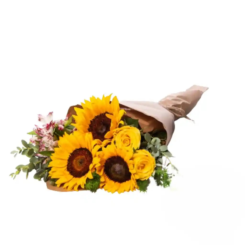Girasoles, Rosas Amarilas, Astromelia Blanca En Bouquet