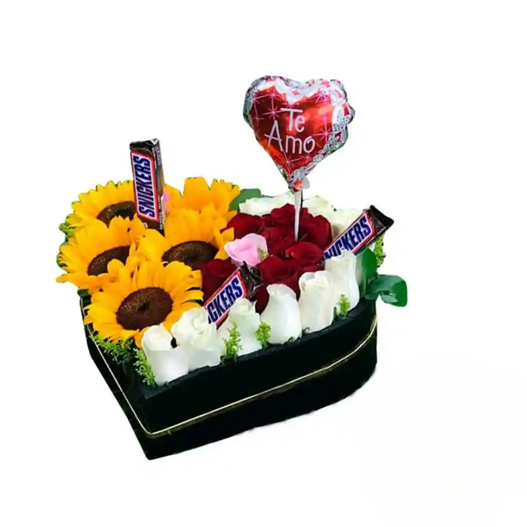 Girasol, Rosas Blancas, Rosas Rojas, Snicker En Caja De Corazon