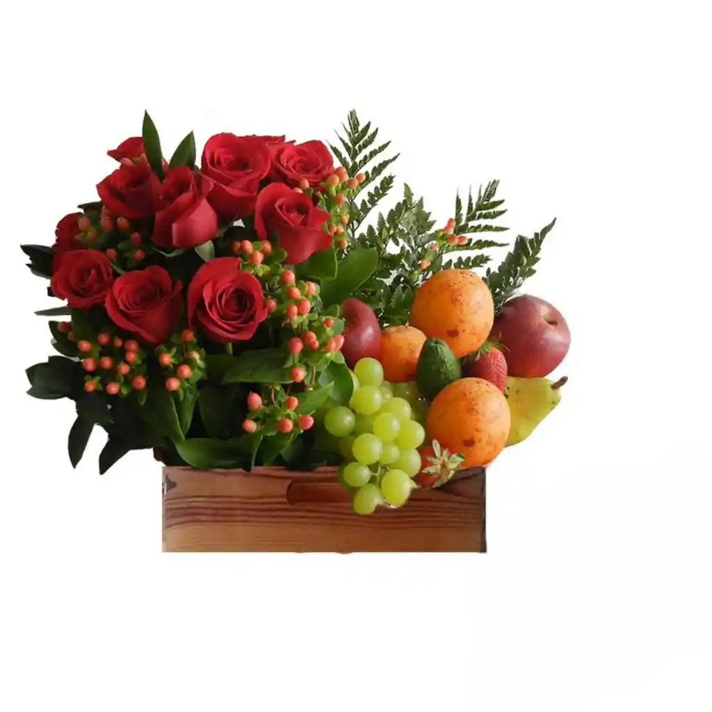 Rosas Rojas Y Frutas En Caja
