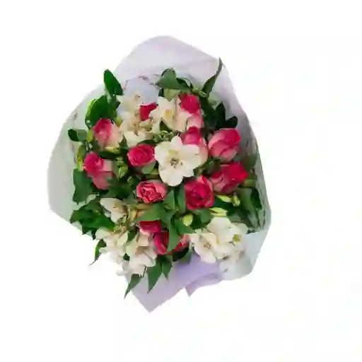 Rosas Fucsias Y Astromelia Blanca En Bouquet