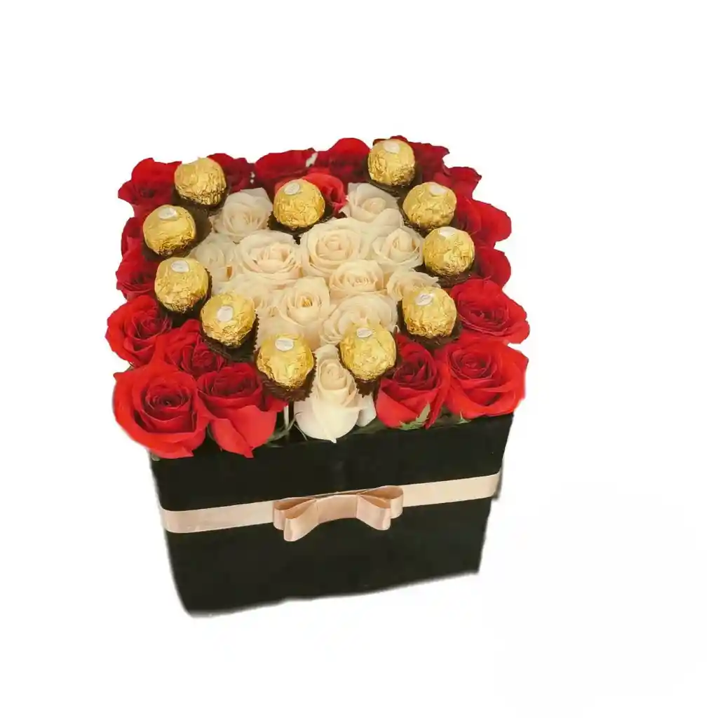 Rosas Rojas, Rosas Blancas, Chocolates En Caja Cuadrada