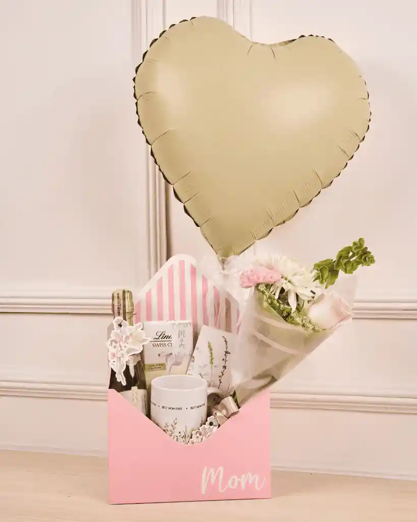 Ancheta Día De La Madre, Elegante Con Globo, Tarjeta, Champagne, Chocolatina Lindor Y Mug De La Mamá