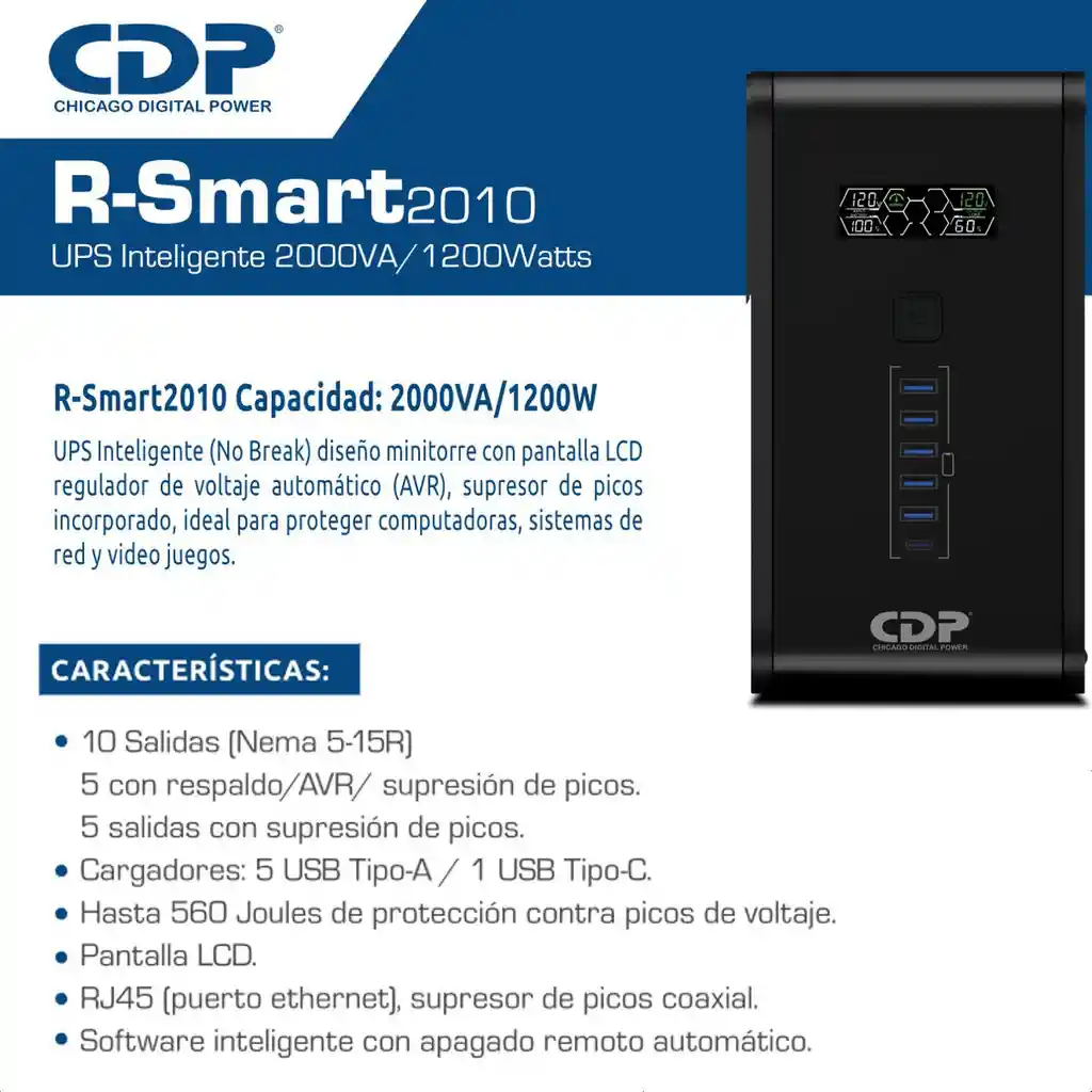 Ups Interactiva Cdp R-smart 2010 2000va, 10 Tomas 6 Usb, Lcd