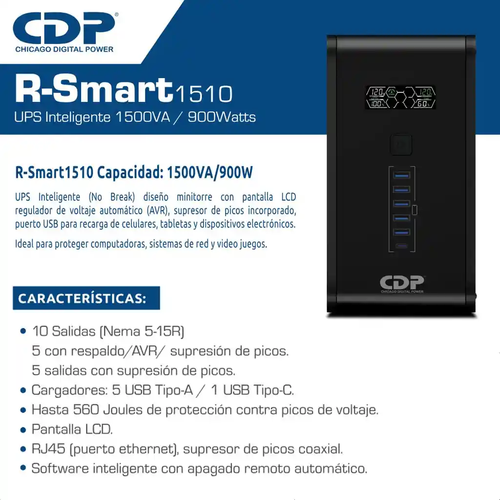 Ups Interactiva Cdp R-smart 1510 1500va, 10 Tomas 6 Usb, Lcd