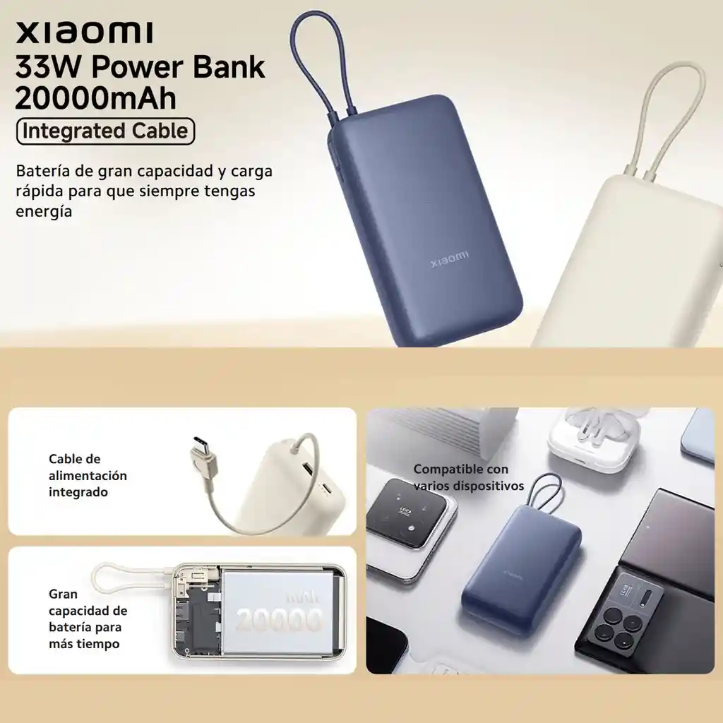 Xiaomi Power Bank 20000mah Cable Integrado 33w Usb-c Azul