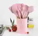 Cuchara Utensilios Para Cocina En Silicona Con Mango De Madera 12 Piezas Rosa