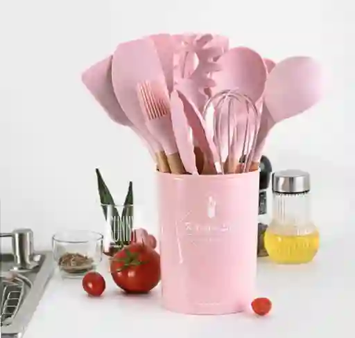 Cuchara Utensilios Para Cocina En Silicona Con Mango De Madera 12 Piezas Rosa