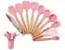Cuchara Utensilios Para Cocina En Silicona Con Mango De Madera 12 Piezas Rosa