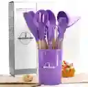 Cuchara Utensilios Para Cocina En Silicona Con Mango De Madera 12 Piezas Rosa