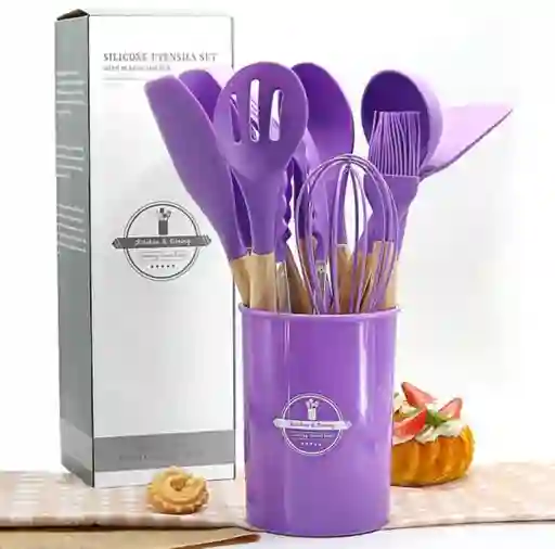 Cuchara Utensilios Para Cocina En Silicona Con Mango De Madera 12 Piezas Rosa