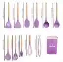 Cuchara Utensilios Para Cocina En Silicona Con Mango De Madera 12 Piezas Rosa