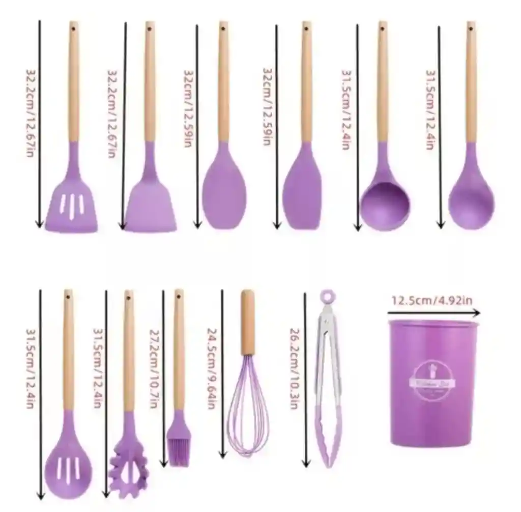 Cuchara Utensilios Para Cocina En Silicona Con Mango De Madera 12 Piezas Rosa