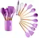 Cuchara Utensilios Para Cocina En Silicona Con Mango De Madera 12 Piezas Rosa
