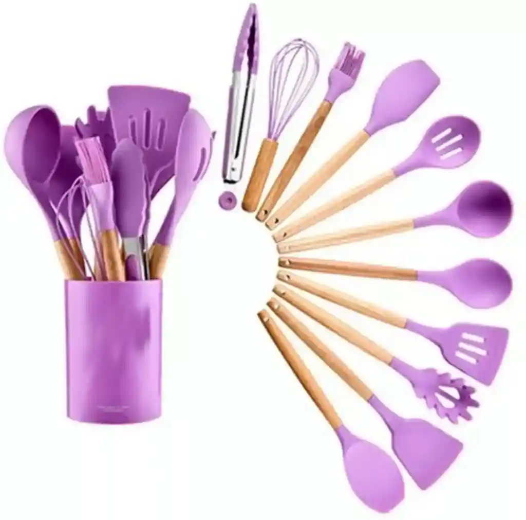 Cuchara Utensilios Para Cocina En Silicona Con Mango De Madera 12 Piezas Rosa