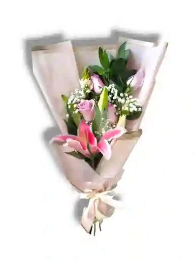 Bouquet De 4 Rosas Moradas Y Dos Lirios Rosados