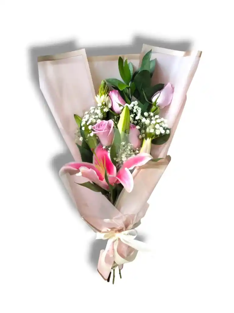 Bouquet De 4 Rosas Moradas Y Dos Lirios Rosados