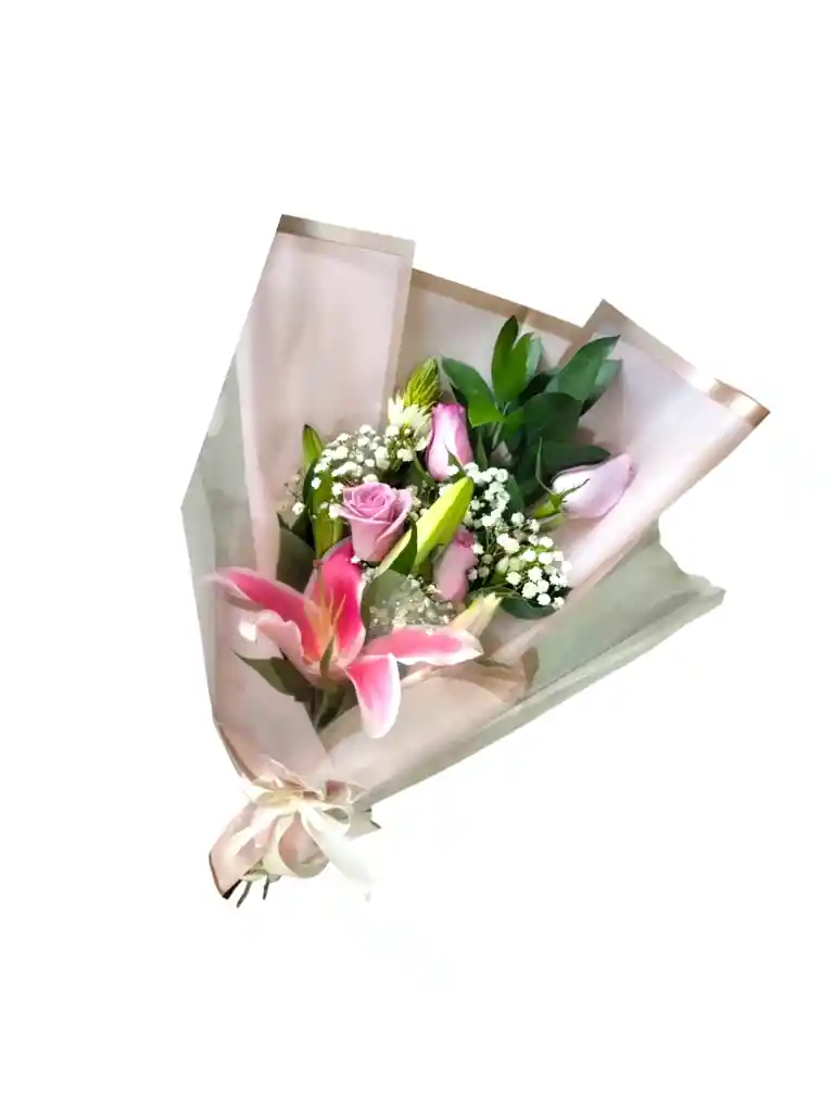 Bouquet De 4 Rosas Moradas Y Dos Lirios Rosados