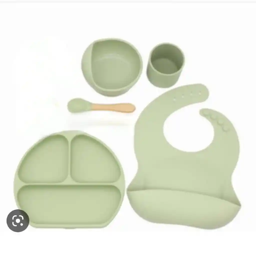 	 Vajillas Para Bebe Cuchara, Babero Y Vaso Silicona Verde