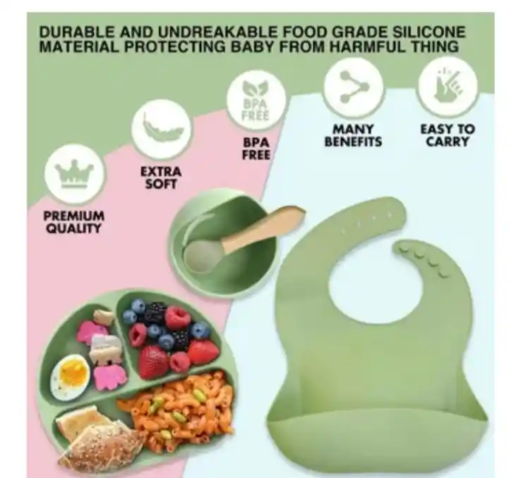 	 Vajillas Para Bebe Cuchara, Babero Y Vaso Silicona Verde