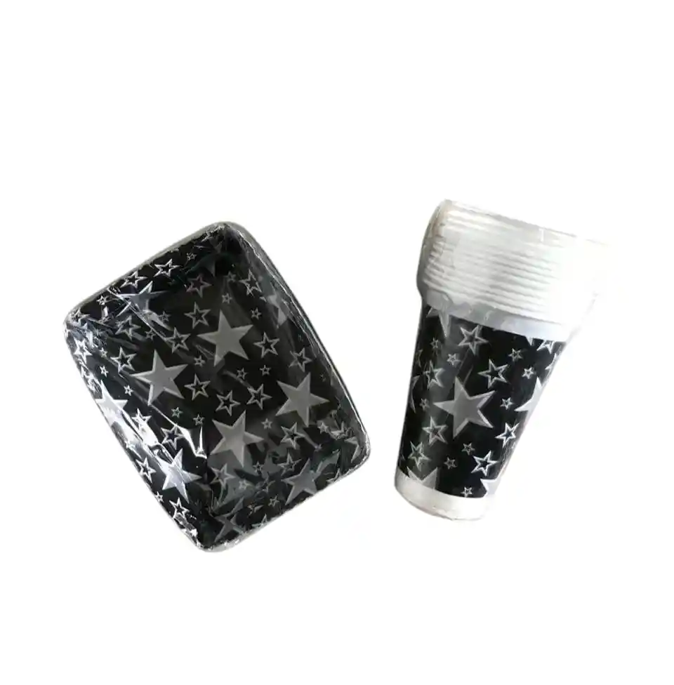 Juego Vaso Y Pudinera Negro Con Estrellas X 10 Unidades
