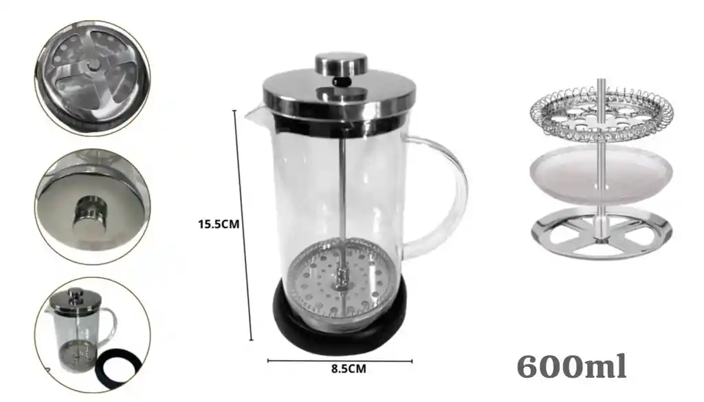 Cafetera Prensa Francesa 875 En Vidrio Embolo 600 Ml