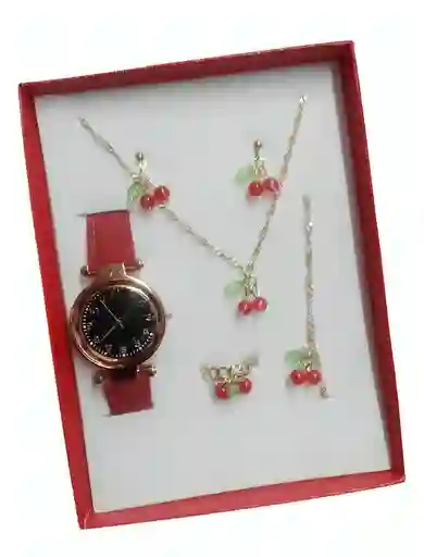 Kit Reloj Para Mujer Cerezas + Juego De Collar Aretes