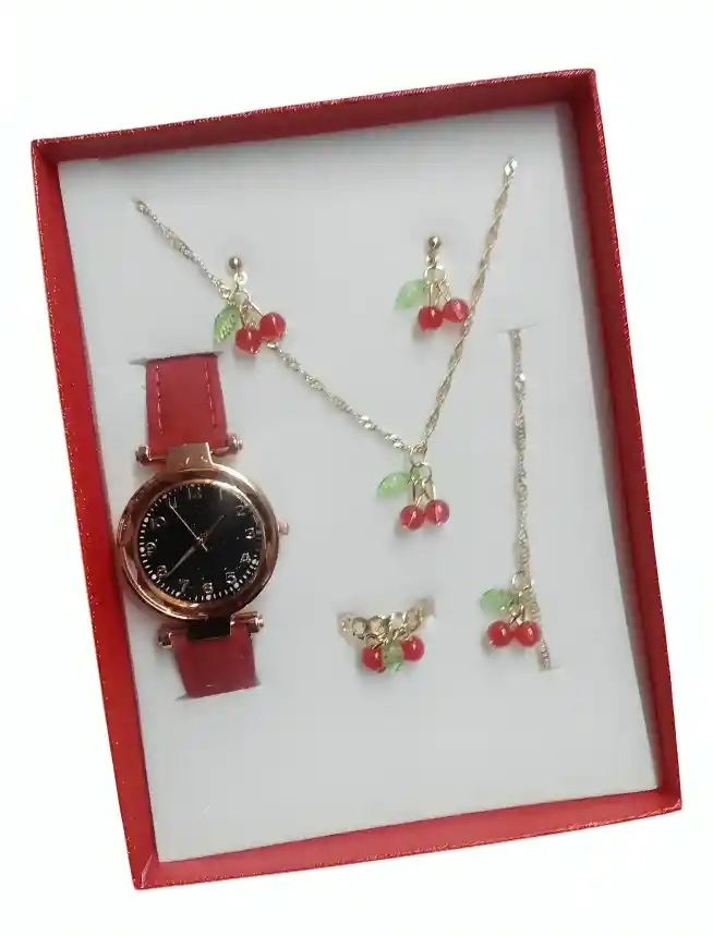 Kit Reloj Para Mujer Cerezas + Juego De Collar Aretes