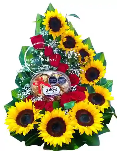 Flores, Rosas Rojas Y Girasoles En Media Luna