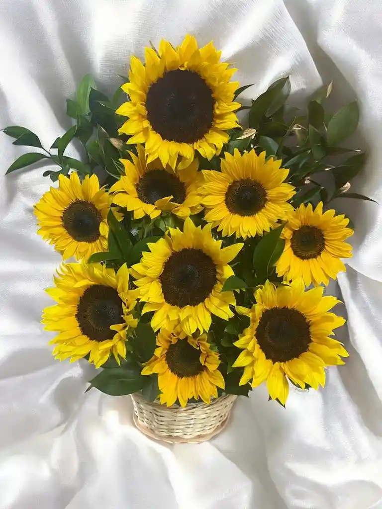 Canasta Con Girasoles Y Ruscus.