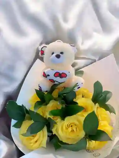 Bouquet De Rosas Amarillas Y Oso